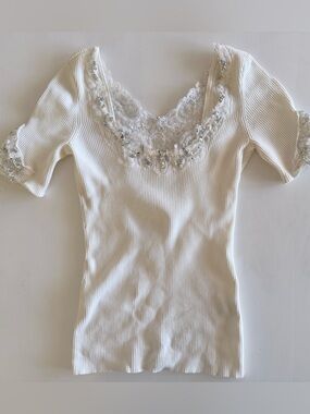 Rare Y2k shirt heavy embellished sequins White Ribbed Lace Knit Top CACHE Small